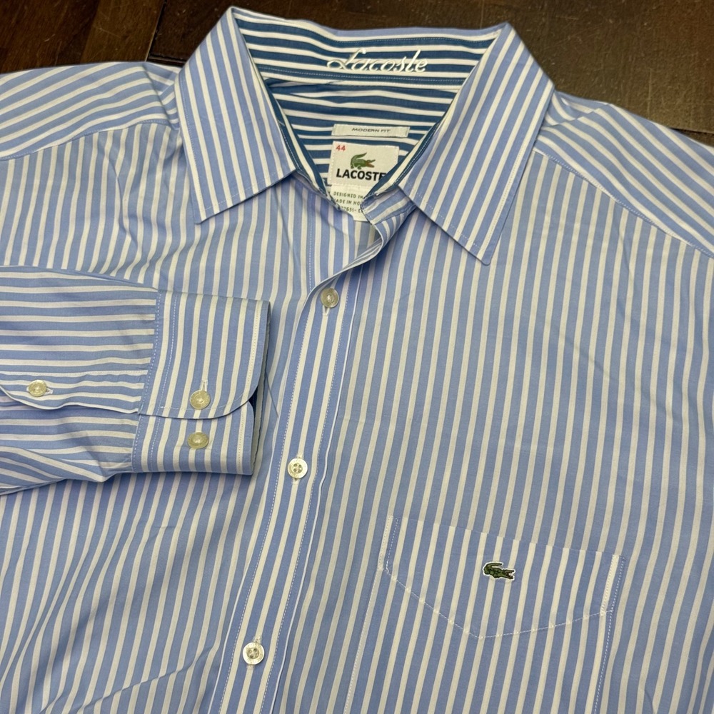 Lacoste Button Down Shirt Mens 44 XL Blue White Striped Modern Fit Long Sleeve